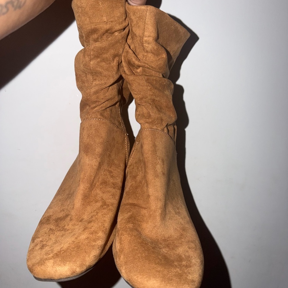 Lane Bryant Suede Slouch Mid-Calf Heeled Boots — Cognac/Tan